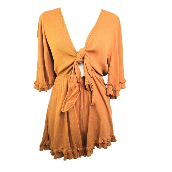 HYFVE Rust Orange Brown Ruffle Bell Sleeve Front Knot Romper - Picture 2 of 9